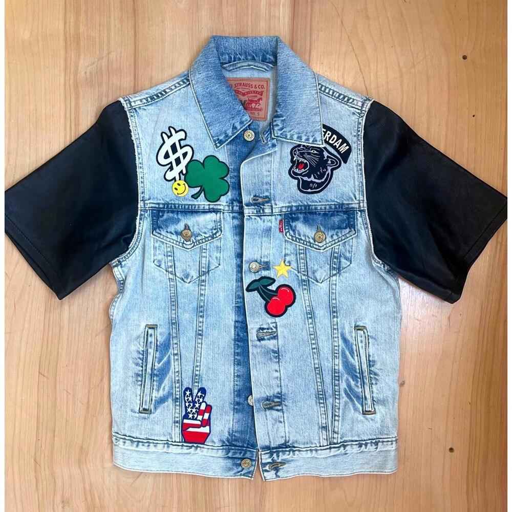 Levi's Reconstructed Leather Sleeve +Patch Denim Vest Mens S